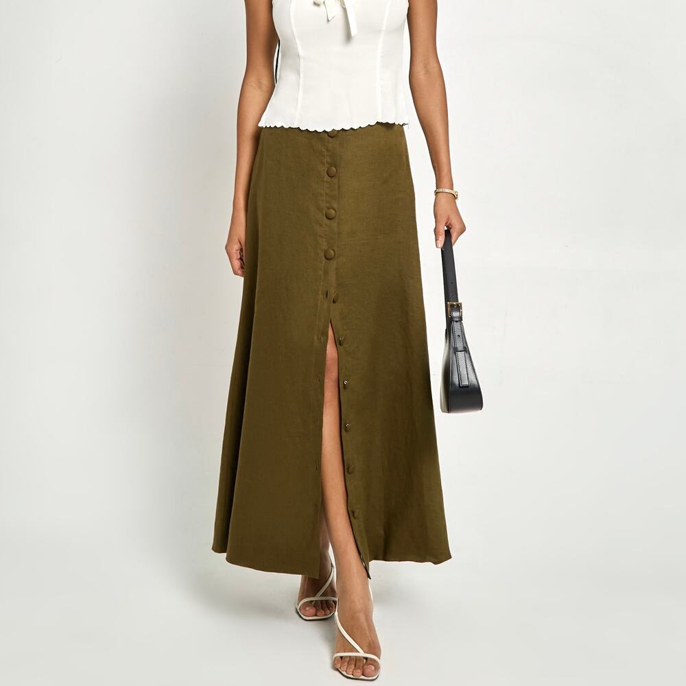 Few Moda Sibel Olive Linen Button Maxi Skirt 4 Small Minimalist Coastal Earthy